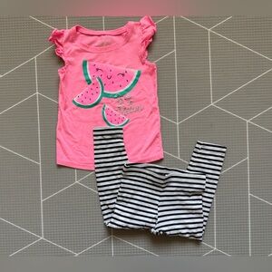 DKNY|Baby girl/toddler set,Neon Pink Watermelon Graphic Tee & Striped Leggings•